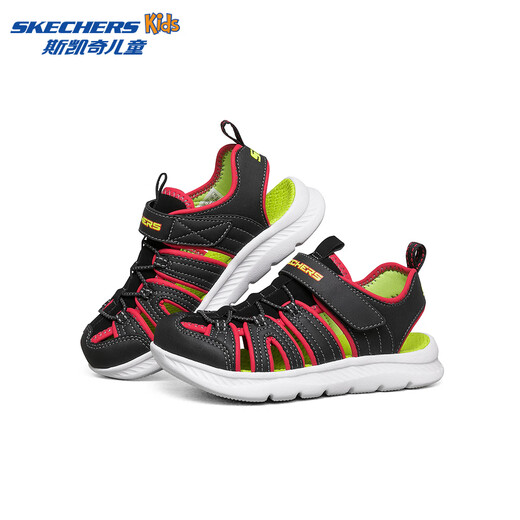 Skechers girls' sandals, toe-cap beach shoes, casual and breathable summer new soft-soled non-slip big children's shoes, black/red/BKRD 33.5