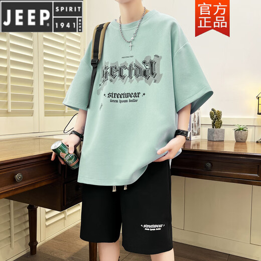 Jeep Spirit Teen Sportanzug Fat Boy 12-15 Jahre alte Schüler der Junior High School Kurzärärmelte T-Shirt 13 Trendy hübscher großer Sommeranzug TZ6630 Schwarz [kurze Ärmel + Shorts] l [105-120jin [Jin gleich 0,5 kg]]