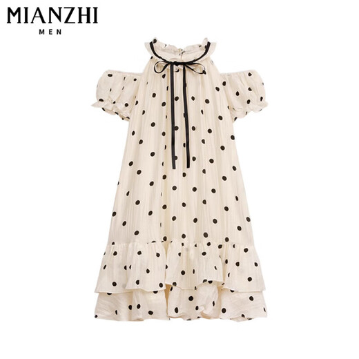 Cotton French sweet off-shoulder polka dot dress for women in summer 2025 new small temperament bow short skirt 674 picture color [high quality 38.5] XL 115-130Jin [Jin equals 0.5 kg]