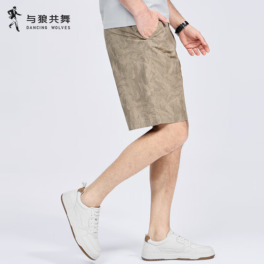 与狼共舞【满身印花】休闲短裤男2025夏季新款纯棉弹力时尚青年五分裤4019 卡其701 29
