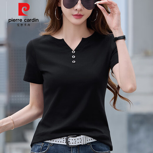 皮尔卡丹（pierre cardin）2025夏季新款正肩设计感宽松v领棉短袖女t恤高端气质百搭衫 6623芥绿色 (扣子款) S 建议80-95斤