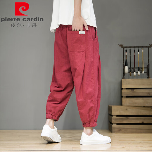 Pierre cardin linen cropped pants men's summer thin loose tucked foot bloomers large size straight harem pants casual cotton linen pants red 3XL