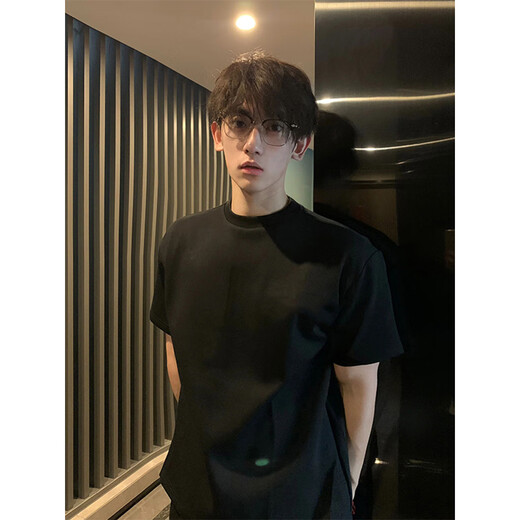 Wu Nan 280g heavy American high street black cotton short-sleeved T-shirt men's cleanfit front shoulder half-sleeved base top black XL
