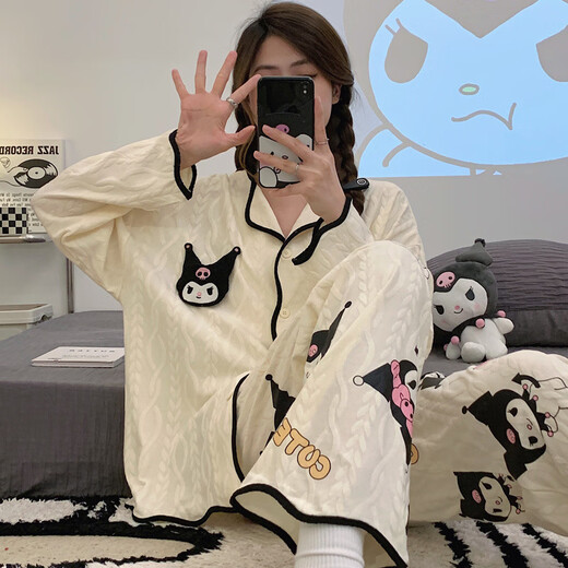 FHHUABDins风网红新款睡衣春秋款开衫薄款长袖长裤宽松公主风居家服套装 9207叮当猫 L 【建议100-120斤】