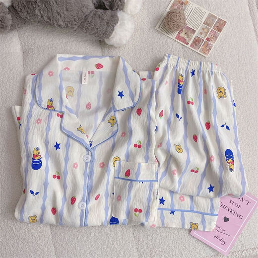 荣西图（RONGXITU）云朵棉睡衣女春秋日系卡通小熊长袖家居服可外穿 826#蓝条维尼熊 170 M