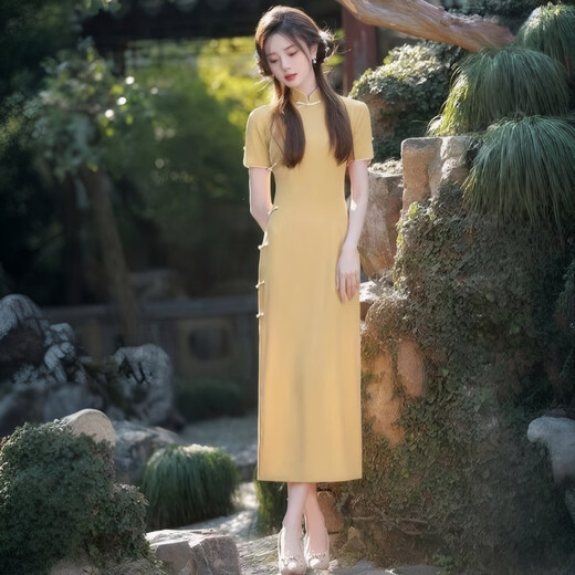 Jialong Mingxiu Yellow Cheongsam 2025 New Summer Improved Temperament High-end New Chinese Style Dress Lemon Yellow M