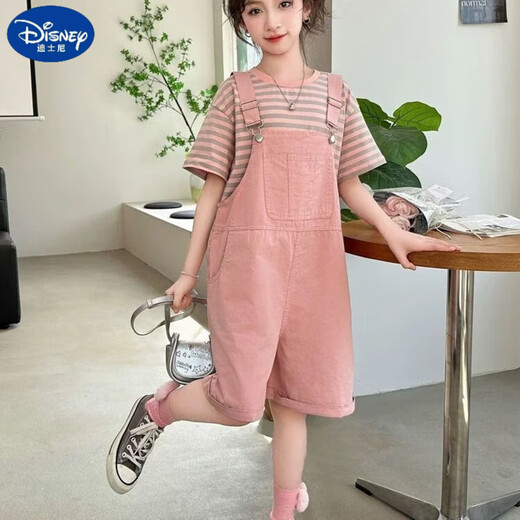 迪士尼（Disney）女童套装夏款2025新款儿童夏季潮酷穿搭女孩大童夏装背带裤两件套 粉红色【短袖+背带裤】 120 码 【35-45斤内】