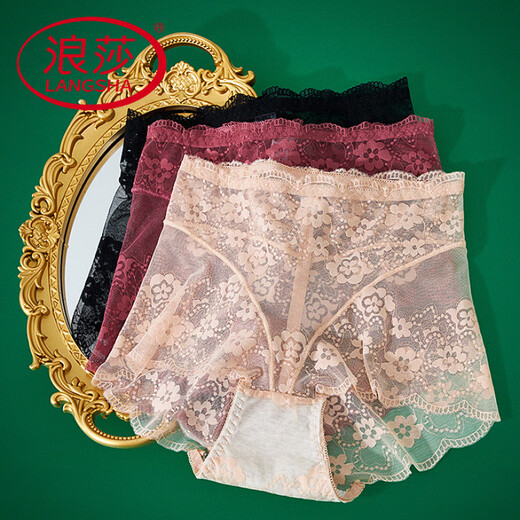 LangSha (LangSha) sexy pure lace underwear for women with high waist, belly, hot hip lift, traceless ice silk 2025 new briefs 3 sexy pure lace black + khaki + red 3 L 100-120Jin [Jin equals 0.5 kg]