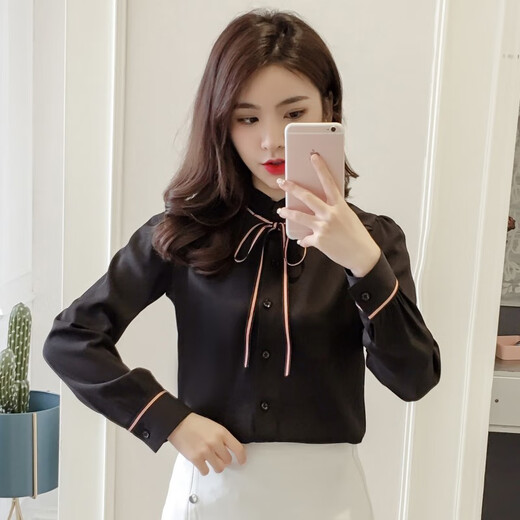 咚憬春季新款2025女士拼接丝带职业雪纺衫木耳边立领纯色衬衫上衣小衫 9856# 白色 春款 S