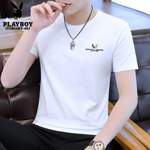 花花公子（PLAYBOY）t恤男士短袖新款男装冰丝夏季速干薄款半袖上衣服夏装体恤衫 D1416白色 M 100斤-110斤
