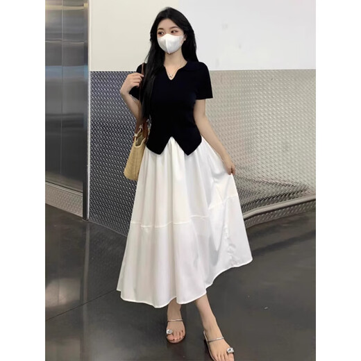 
Han Qiumeng light-mature salt-style outfit set for women's summer large-size waist-retracting top with skirt French fashion two-piece set 9926 black top M