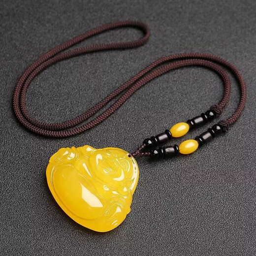 IosnIOSN Natural Baltic Chicken Fat Yellow Amber Beeswax Maitreya Buddha Pendant Big Belly Laughing Buddha Sweater Chain with Certificate