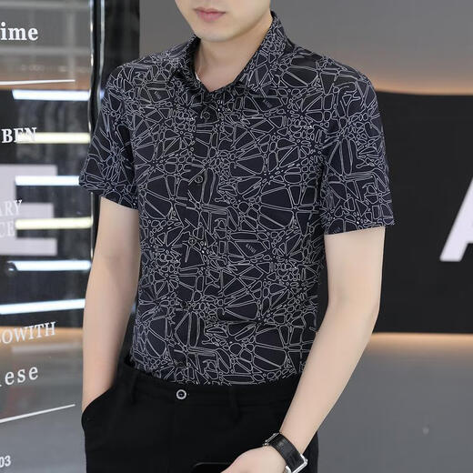 Bean rojo (Hodo) Seda de hielo Camisa de manga corta 2024 Camisa elástica delgada de verano de verano Sensado de hielo Capa de pulgada impresa de moda FJL7029 Negro L [110-125Jin [Jin equivale a 0.5 kg]]