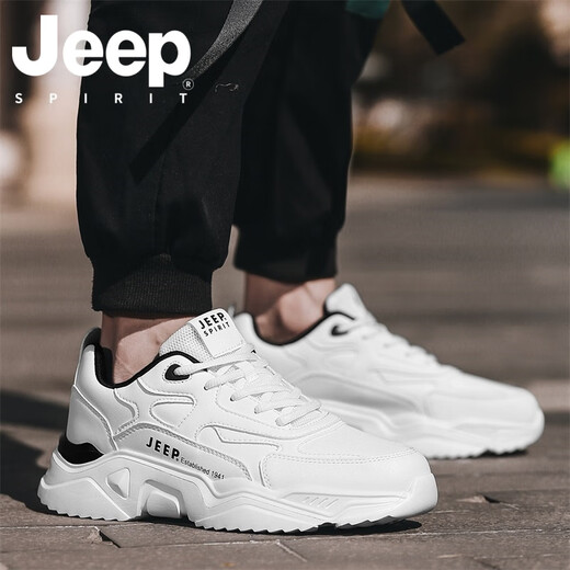 JEEP SPIRIT吉普男鞋夏季2025新款休闲户外跑步运动鞋子男士增高厚底老爹鞋 白黑 42