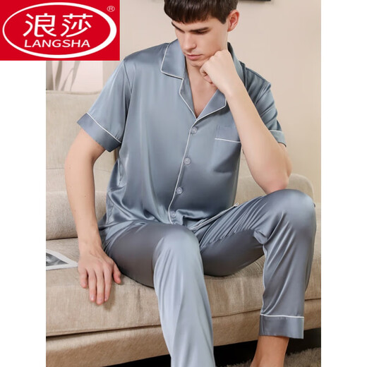 浪莎（LangSha）真丝睡衣男士夏季薄款冰·丝短袖长裤两件套装高级感桑蚕丝家居服 黑色6223 3XL (180-210斤)