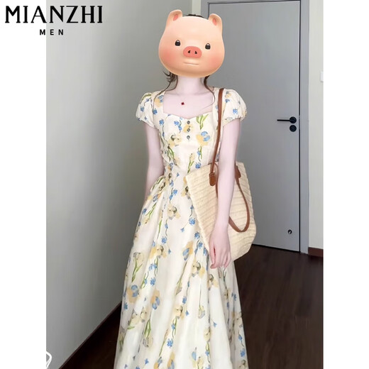
Cotton French tea break seaside vacation square collar dress for women in summer 2025 new waist-hugging and slimming temperament floral long skirt C4L52836 apricot color [high quality 56] L 100-115Jin [Jin equals 0.5 kg]