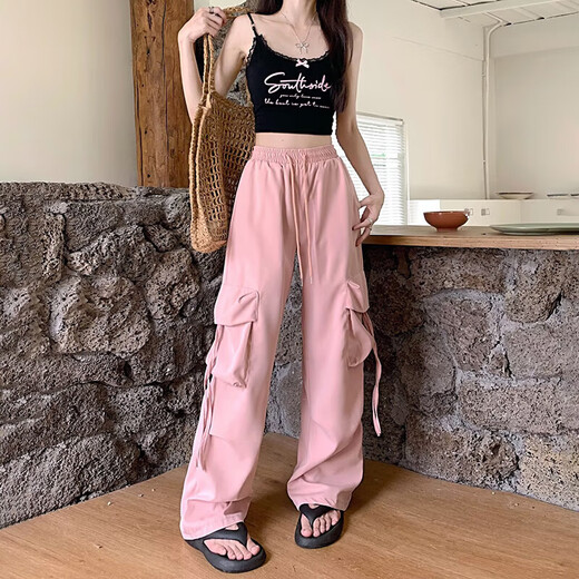 粉色工装裤女春夏2025新款高腰垂感阔腿窄版休闲美式速干运动裤子 蓝色 【MY-687】 S