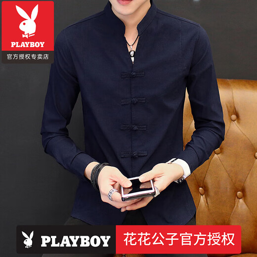 Playboy (Playboy) Chinesisches Top -Shirt Herrenanzug Innere Wear Retro -Stil Herrenhemd Chinesische Tang Anzug Ständer Kragen Lose Langarm Marke 9905 Schwarz (Langarmgefühl) m