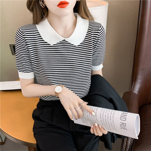 酷章（KUZHANG）条纹娃娃领短袖女2025夏季新款冰丝针织衫薄款T恤小个子减龄上衣 dx691#黄色 S  建议80-100斤