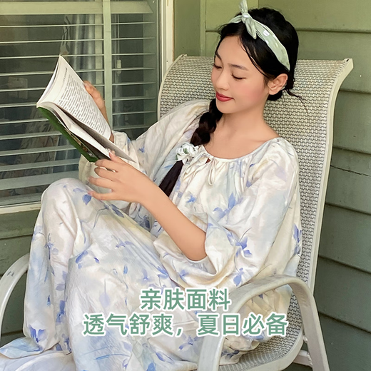 七色纺睡裙女春夏长款长袖带胸垫甜美风蝴蝶结可外穿冬季薄款过膝睡衣裙 13066 满铺蓝色花朵睡裙 L (建议100-120斤）