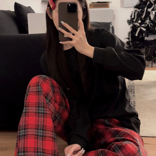 
S.SOFEA simple solid color pajamas for women in spring and autumn loose and comfortable home clothing set H897# Red Xiaoge 175 L