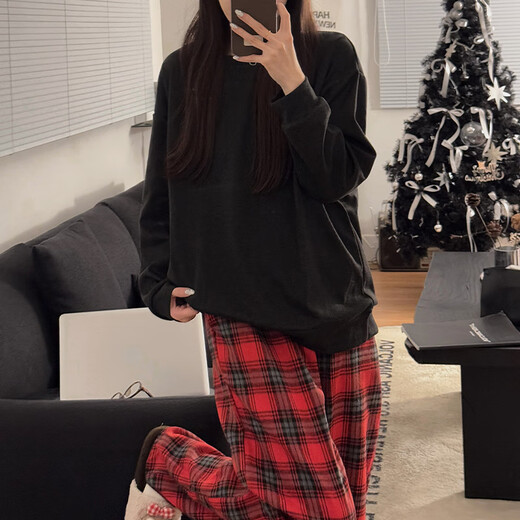 
S.SOFEA simple solid color pajamas for women in spring and autumn loose and comfortable home clothing set H897# Red Xiaoge 175 L