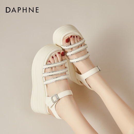 Daphne (Daphne) Sandalias de correa de suela gruesa para mujeres en verano 2025 Nuevo romano zapatos de esponja casuales cuña zapatos de playa elevados para mujeres beige 37