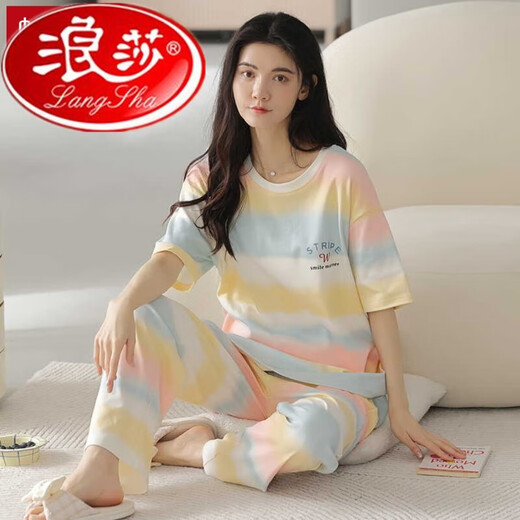 Langsha 2025 pijama para mujeres en primavera y verano algodón puro pantalones de manga corta delgada coreana lindo arco iris contrastante de color de ropa para el hogar Z9712 L-código [recomendado 100-120Jin [Jin iguala 0.5 kg] Tamaño promedio de tamaño promedio