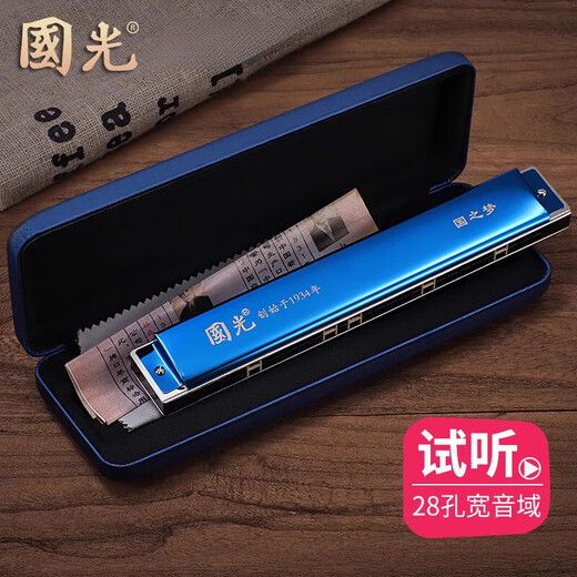 Guoguang Mundharmonica 28-Loch Polyphonische Akzent-Anfänger Kinder und Studenten erwachsene Männer und Frauen Selbststudie Einführungsleistung Level Schwarzer Stress C-Tune + Selbststudiengeschenkpaket + Video-Tutorial