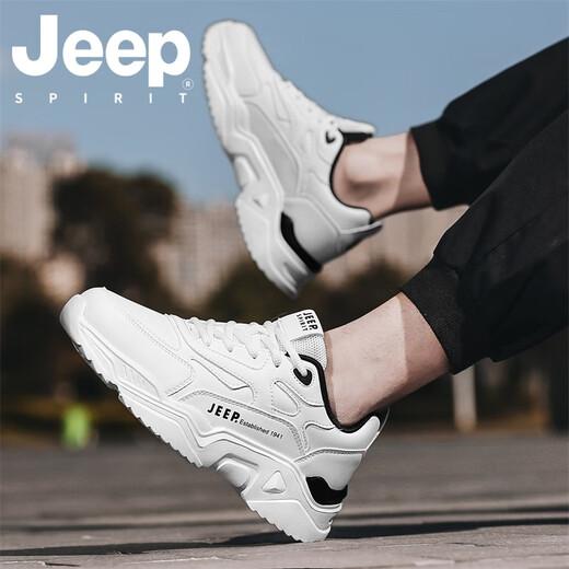 JEEP SPIRIT吉普男鞋夏季2025新款休闲户外跑步运动鞋子男士增高厚底老爹鞋 白黑 42