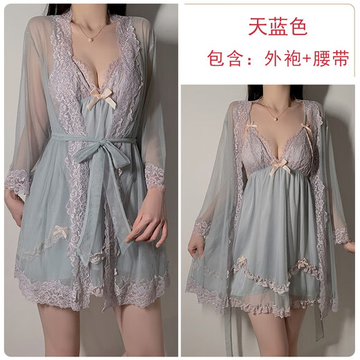 莫代尔夏季甜美网纱蕾丝深V加胸垫性感露背大码睡裙外袍家居套装时尚女 P3886虾粉（外袍+腰带） L