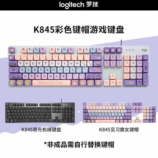 罗技（Logitech） K845有线游戏机械键盘104键DIY彩色键帽 电竞键盘吃鸡 背光金属面板 K845红轴-见习魔女