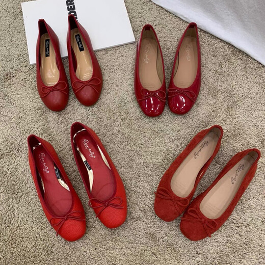 Jingpufei Bogen mit flachem Mund flacher Einzelschuhe für Frauen Ballettschuhe rot 2025 J683-4 Rot 38