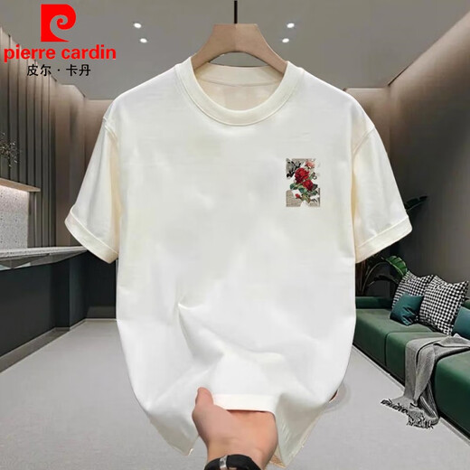 Pierre cardin rose print heavy short-sleeved T-shirt men's summer American retro trendy brand loose large size base shirt half-sleeved top white [front left and back large picture K838 SAYHI hand XL recommended 140-160Jin [Jin equals 0.5 kg]