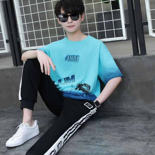 Qiao Yumeng Summer Boy Sweatshirt à manches courtes T-shirt T-shirt T-shirt T-shirt 15 Je Junior School Sleep 14 Sports Sport Grey Suit 9226 (pantalon à manches courtes + 0,5 kg]) M (recommandé 78-95 Jin [Jin est égal à 0,5 kg]))