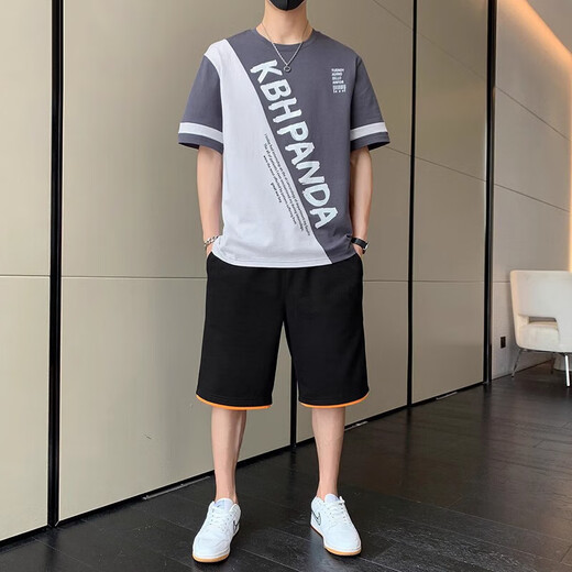 胖东来夏季新款短袖t恤男士休闲时尚运动套装个性上衣服潮流短裤子 6227白色+K201黑白边 M