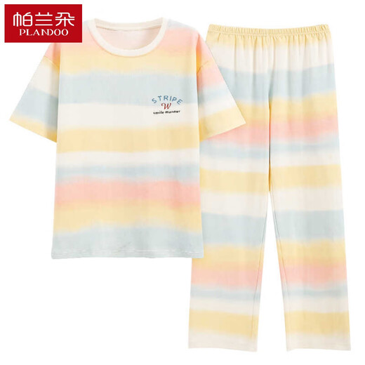 Langsha 2025 pijama para mujeres en primavera y verano algodón puro pantalones de manga corta delgada coreana lindo arco iris contrastante de color de ropa para el hogar