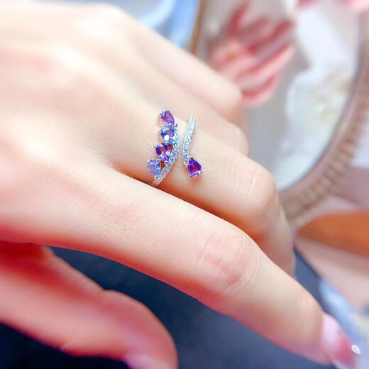 Junpo Fashion New Top Opening Ring Natural Tanzanite + Amethyst Ring 3 4 Sizes 925 Silver Inlaid Amethyst Tanzanite Ring Opening Adjustable