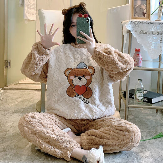 FHHUABD新款睡衣女秋冬季法兰绒加厚学生卡通甜美珊瑚绒家居服套装 829#卡通狗紫色 M 建议80-100斤