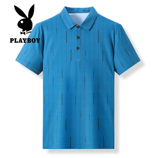 花花公子（PLAYBOY）高档桑蚕丝短袖t恤男蚕丝半袖男潮牌翻领POLO衫中青年宽松竖条纹t 蓝色 DN6625/N 3XL 185
