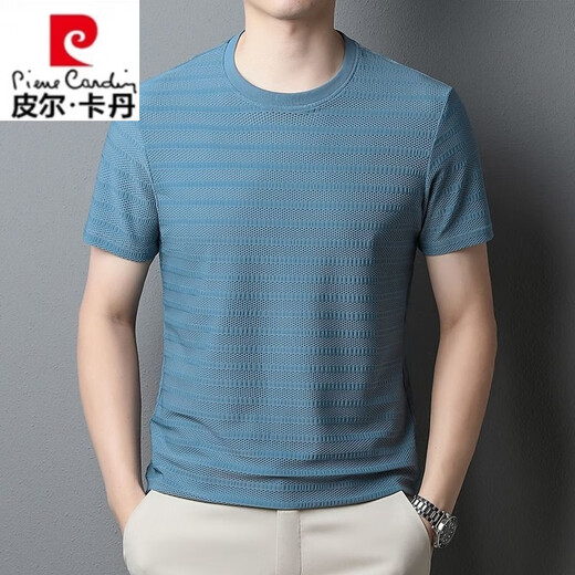皮尔卡丹（pierre cardin）镂空网眼冰丝t恤短袖男士夏季轻薄百搭圆领宽松上衣潮流打底衫男 7374%23蓝色 M