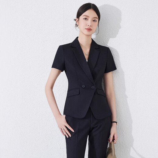 夏季职业装短袖小西装领外套女新款酒店前台工装正装收腰工作新款 黑色 西装+裤子（JY6210） 3XL