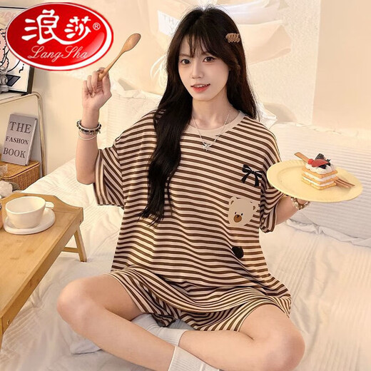 Langsha Pajamas para mujeres en el verano delgado de manga corta nueva oso nuevo set de dos piezas Cartoon Girl College Student Ropa para el hogar se puede usar fuera de 691 Patrón negro Bear L tamaño [peso 90-110Jin [Jin iguala 0.5 kg] Tamaño promedio