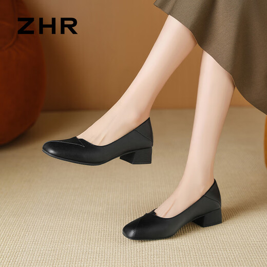ZHR粗跟单鞋女经典拼接工作皮鞋通勤一脚蹬浅口女鞋软底AH673黑色39