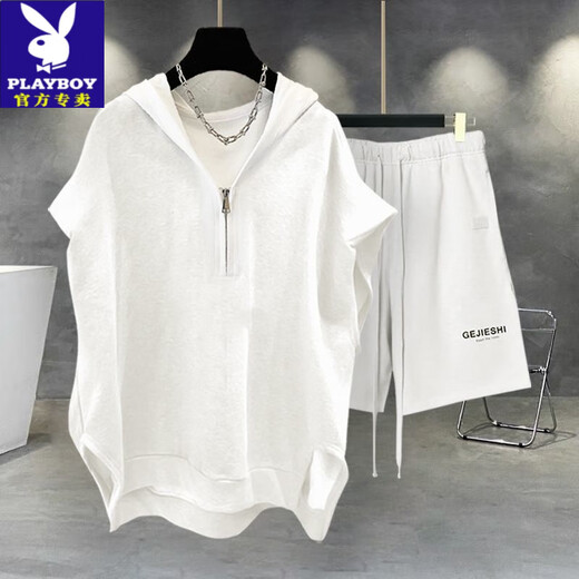 Playboy Extra großer Größe 300 Jin [Jin ist gleich 0,5 kg] Herren-Casual Sports Summer Anzugsouse-Weste Halb-Reißverschluss-Jungen cooler und gutaussehender Outfit-Anzug Sommer 723 Graues Top + D10 Black Shorts XL [Vorgeschlagen 126-165 Jin [Jin gleich 0,5 kg]]