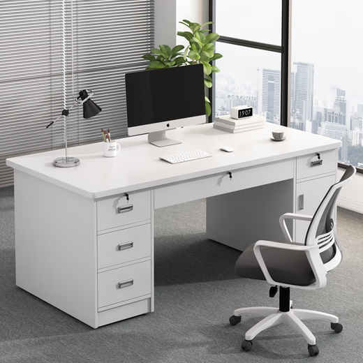 Desk with drawers, simple boss desk, office computer desk, workbench, staff double work station, five drawers and one cabinet | Warm white 140cm