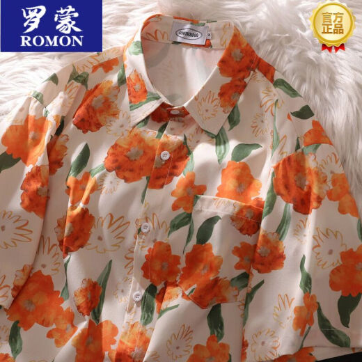 罗蒙（ROMON）美式衬衫夏天泰国复古短袖花衬衫男港味潮牌夏威夷度假风小众 1047 米白色 M