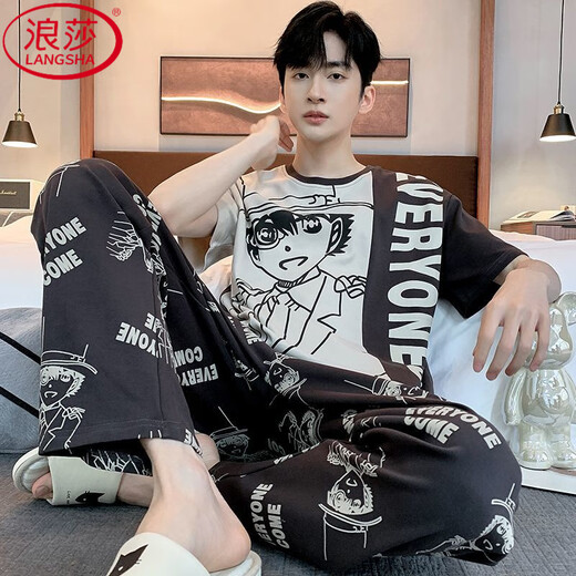 浪莎（LangSha）腊肠狗睡衣男夏季纯棉短袖长裤薄款青少年卡通学生家居服套装男 旗舰店-684初高中生夏季睡衣 L