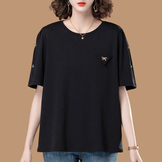 
Yalu Middle-aged and Elderly Mother Pure Cotton Short Sleeve T-shirt for Women 2025 New Summer Loose Plus Fat Plus Large Size Middle-aged Black Round Neck Black [KSP-6215] 3XL Suitable for 145-160Jin [Jin equals 0.5 kg]
