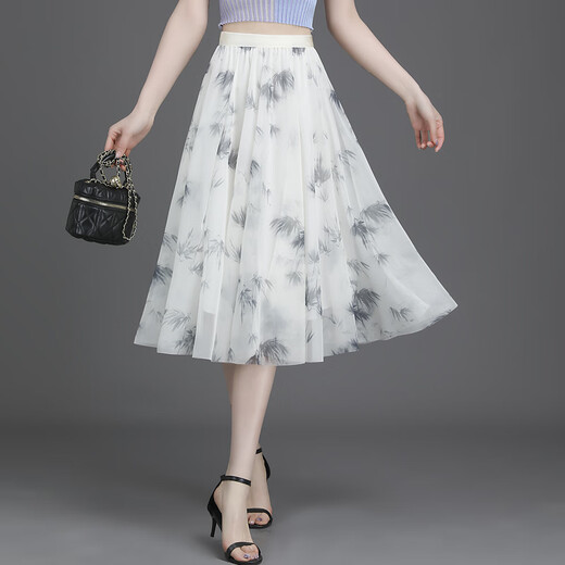 Waterside Clothes 2025 summer new floral skirt for women with small fresh short skirt with large swaying mesh printed A-line slim chiffon mid skirt 9906-5# One size (suggested 90-145Jin [Jin equals 0.5 kg])